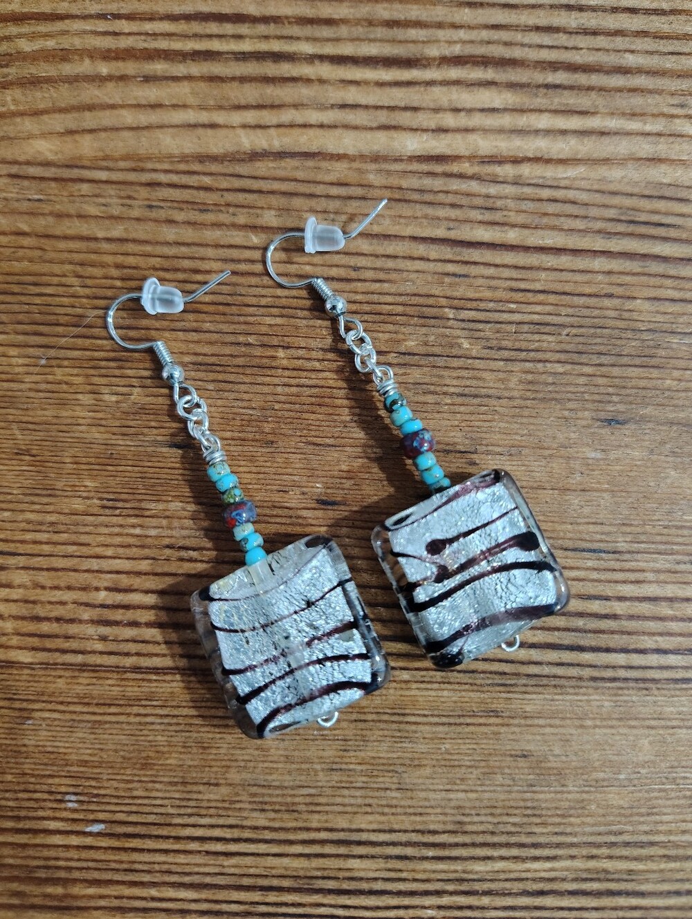 Silver Foil  Glass Dangle Earrings - Women Jewelry,  Black And White